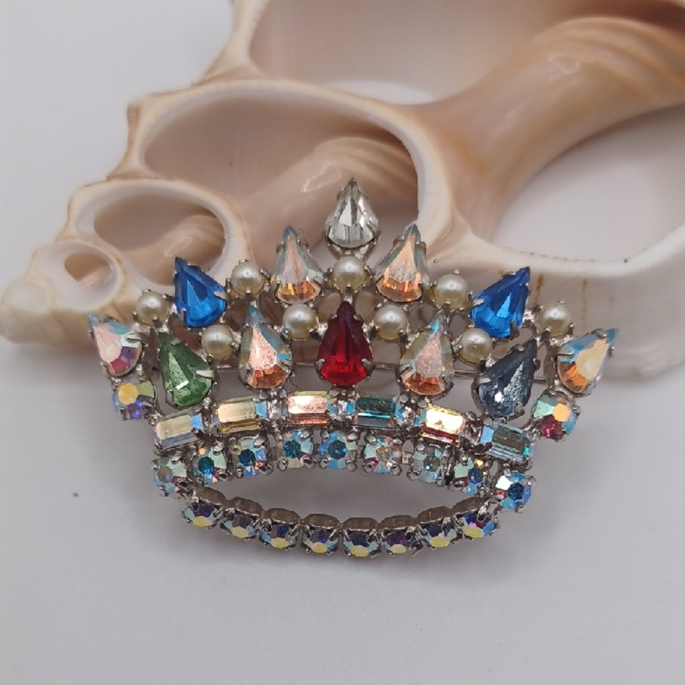 B David Ab and Multicolor Crown Brooch